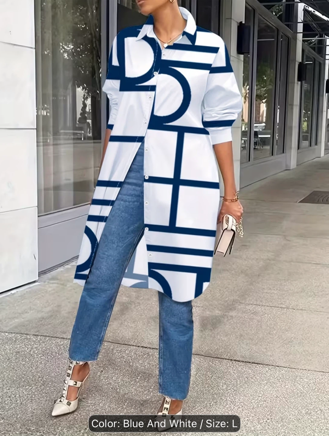 Blue and White Patterned Button-Down Shirt