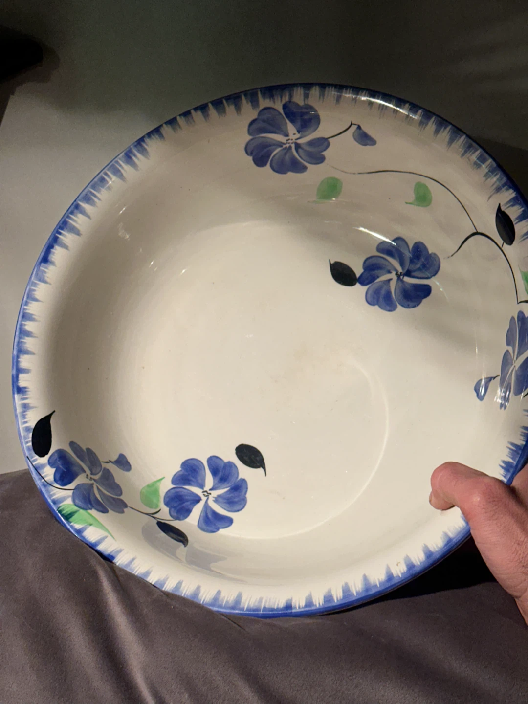 Antique 15" Blue Floral Earthenware Master Basin Bowl