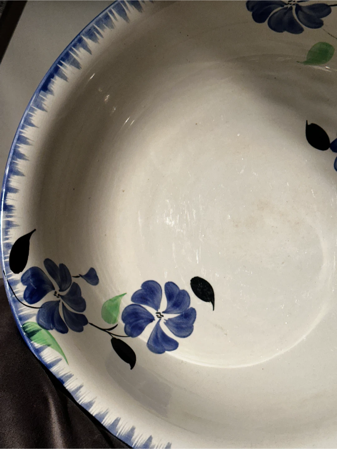 Antique 15" Blue Floral Earthenware Master Basin Bowl - photo 2