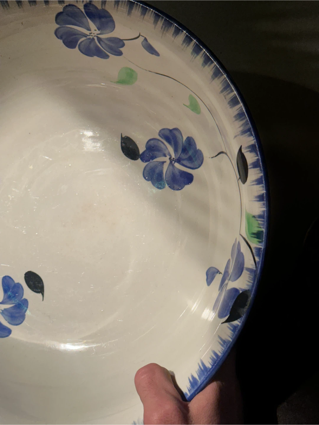 Antique 15" Blue Floral Earthenware Master Basin Bowl - photo 3