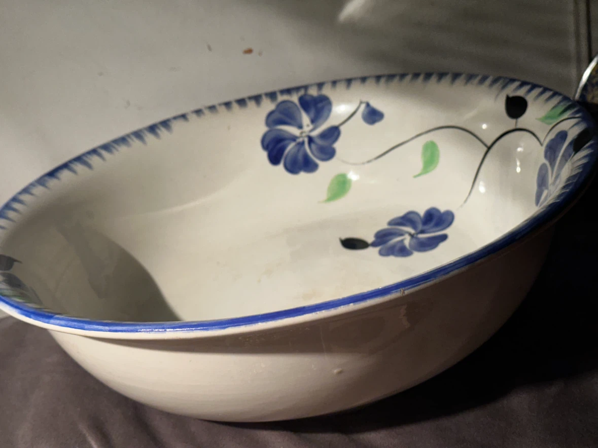 Antique 15" Blue Floral Earthenware Master Basin Bowl - photo 4