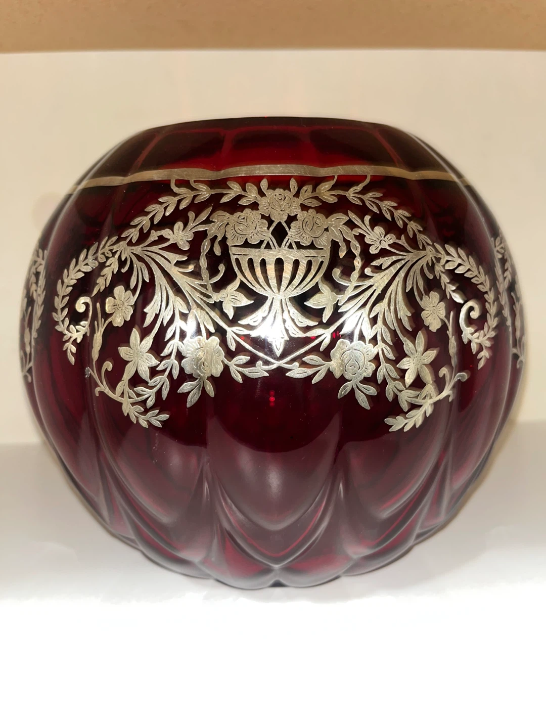 Vintage Ruby Red Glass Vase with Silver Overlay