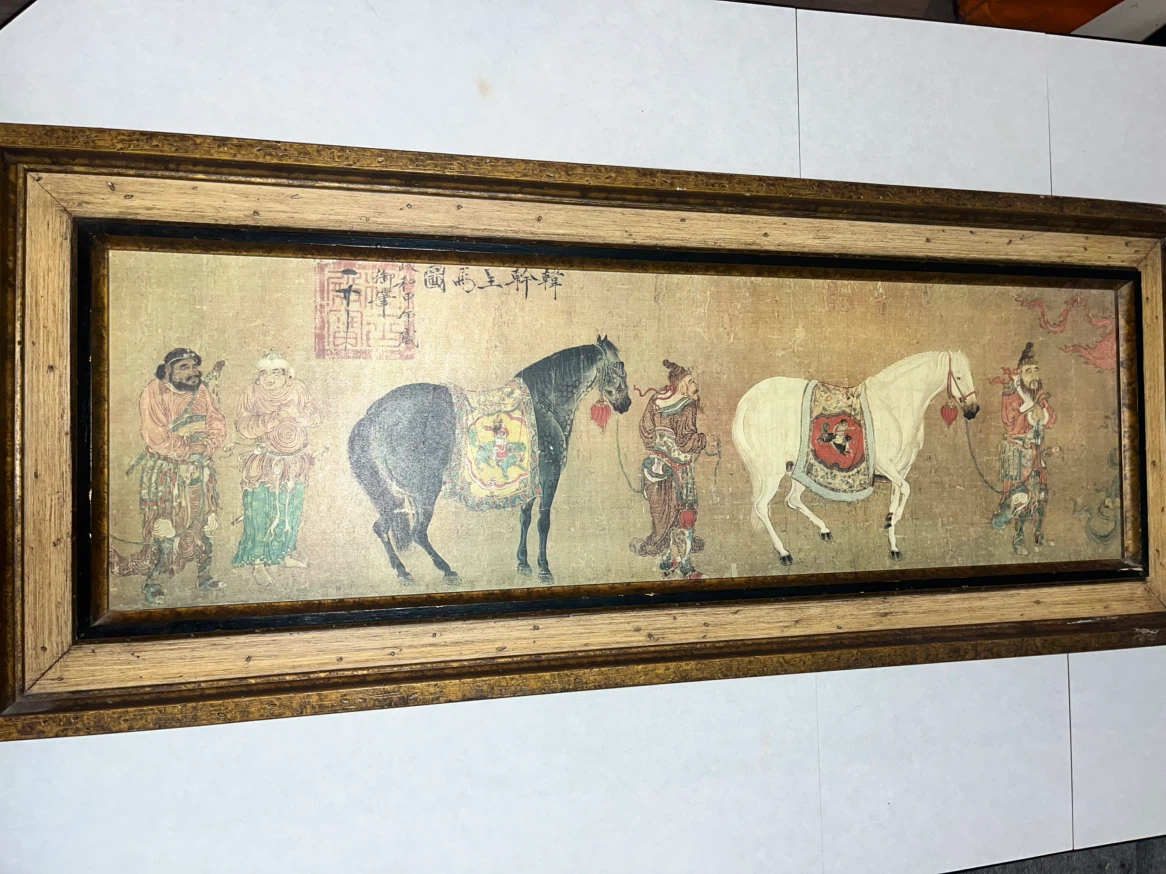 Vintage Chinese Silk Painting Horses Groom Tributary Art Faux.
