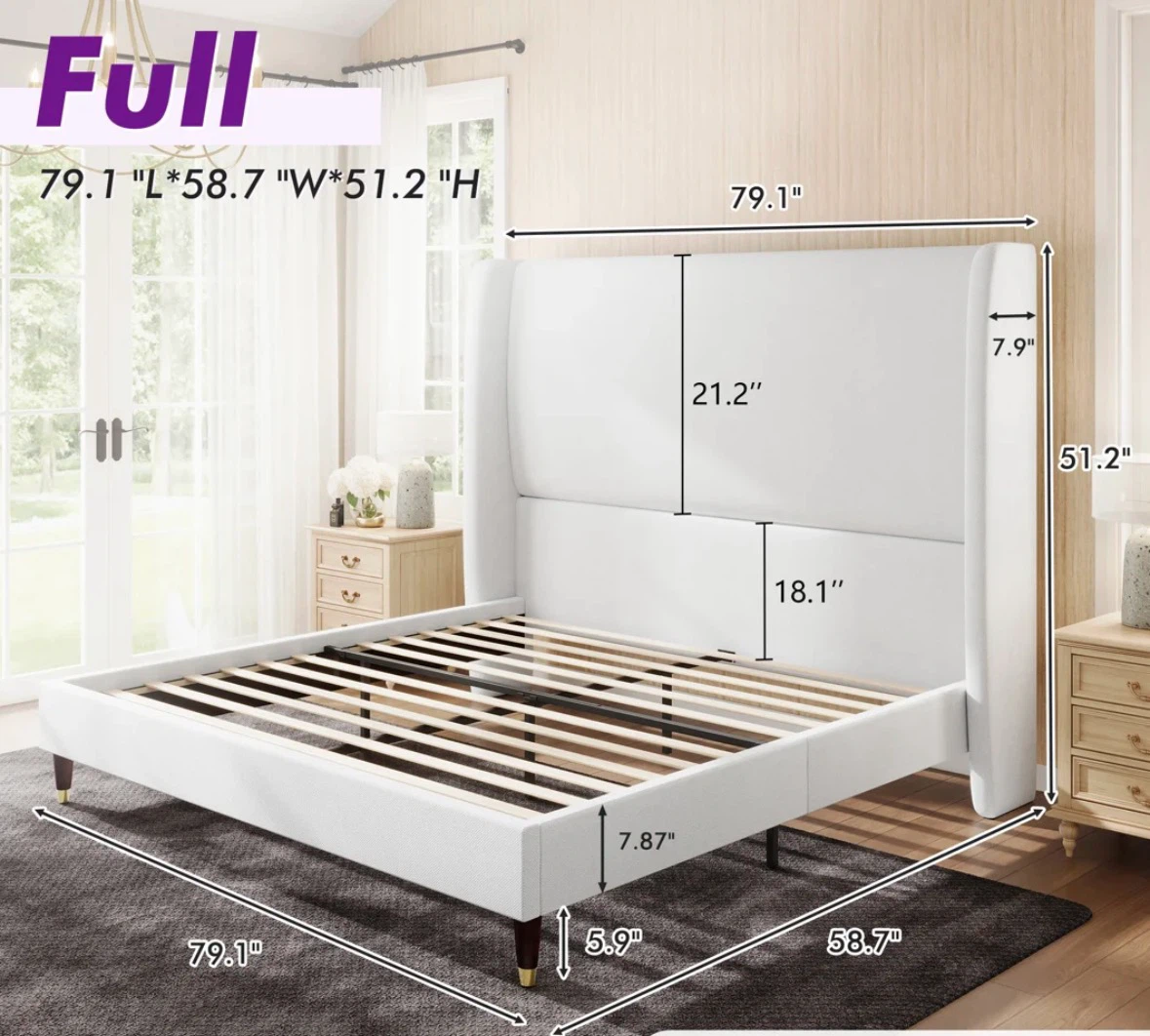 Full Size White Linen Wingback Bed Frame in Queens, NY