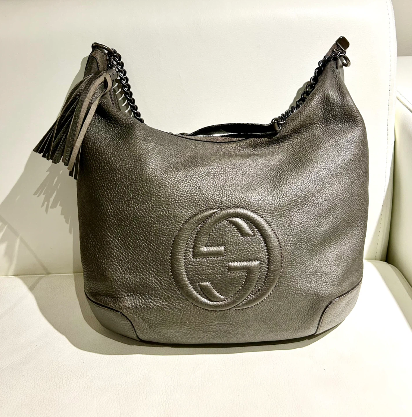 Gucci Soho Pewter Leather Shoulder Bag