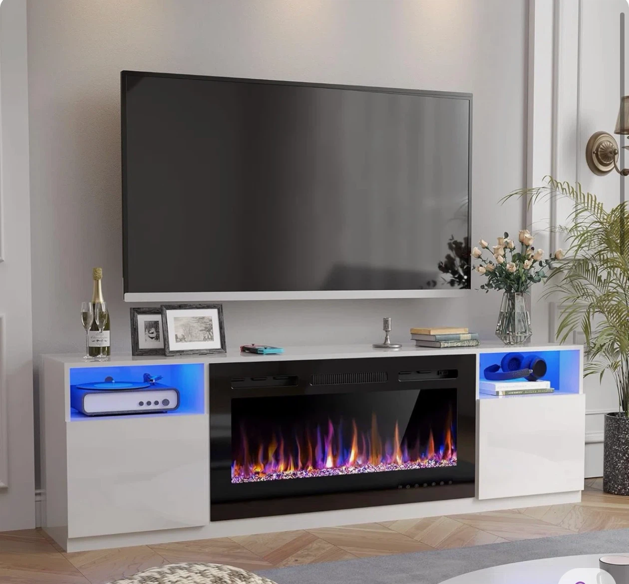 White TV Stand with Electric Fireplace