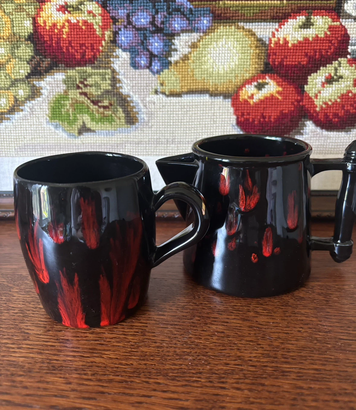 1970s Retro Red Flame Ceramic Creamer & Mug Set