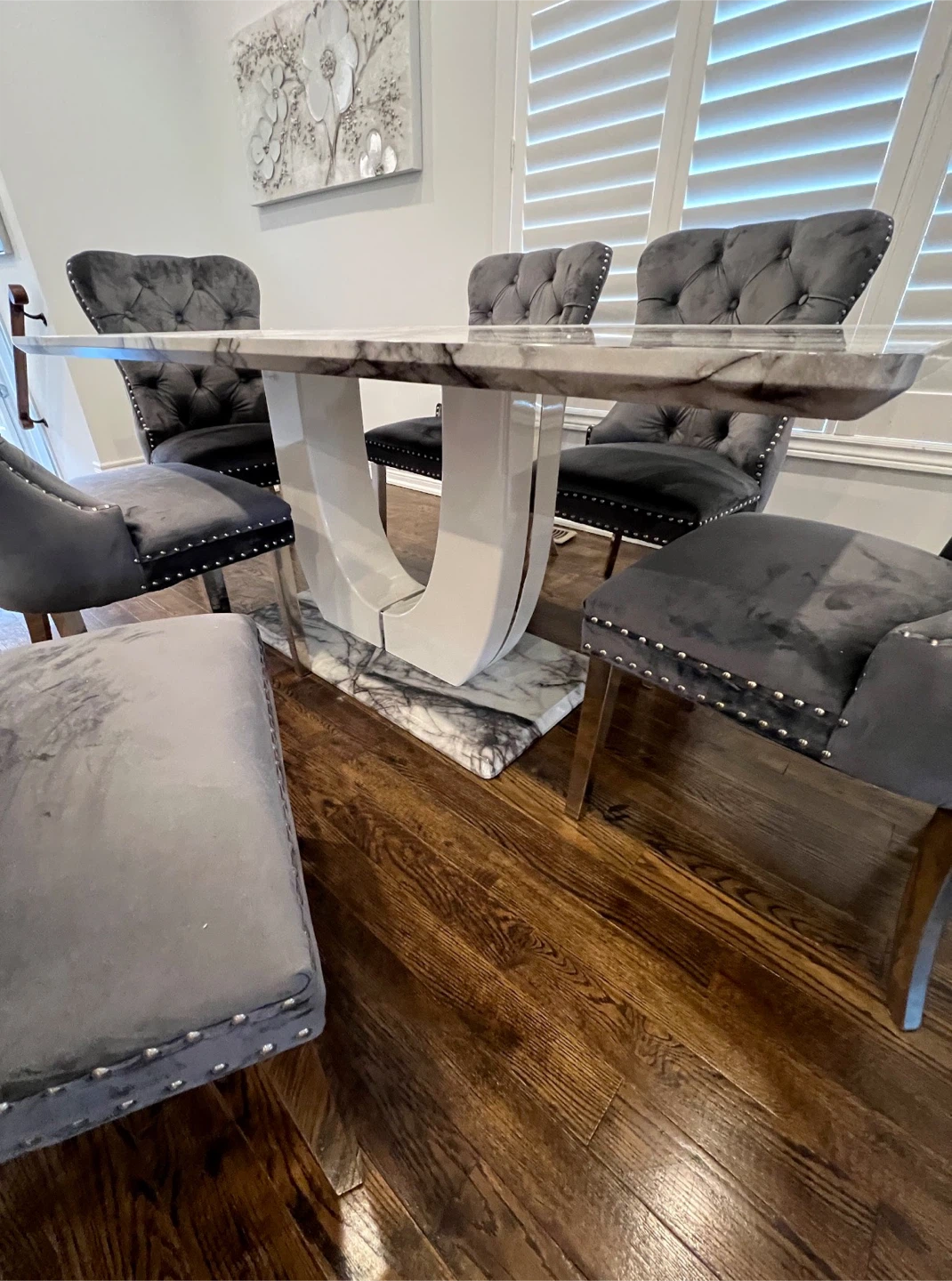 Grey velvet dining set with 6 chairs