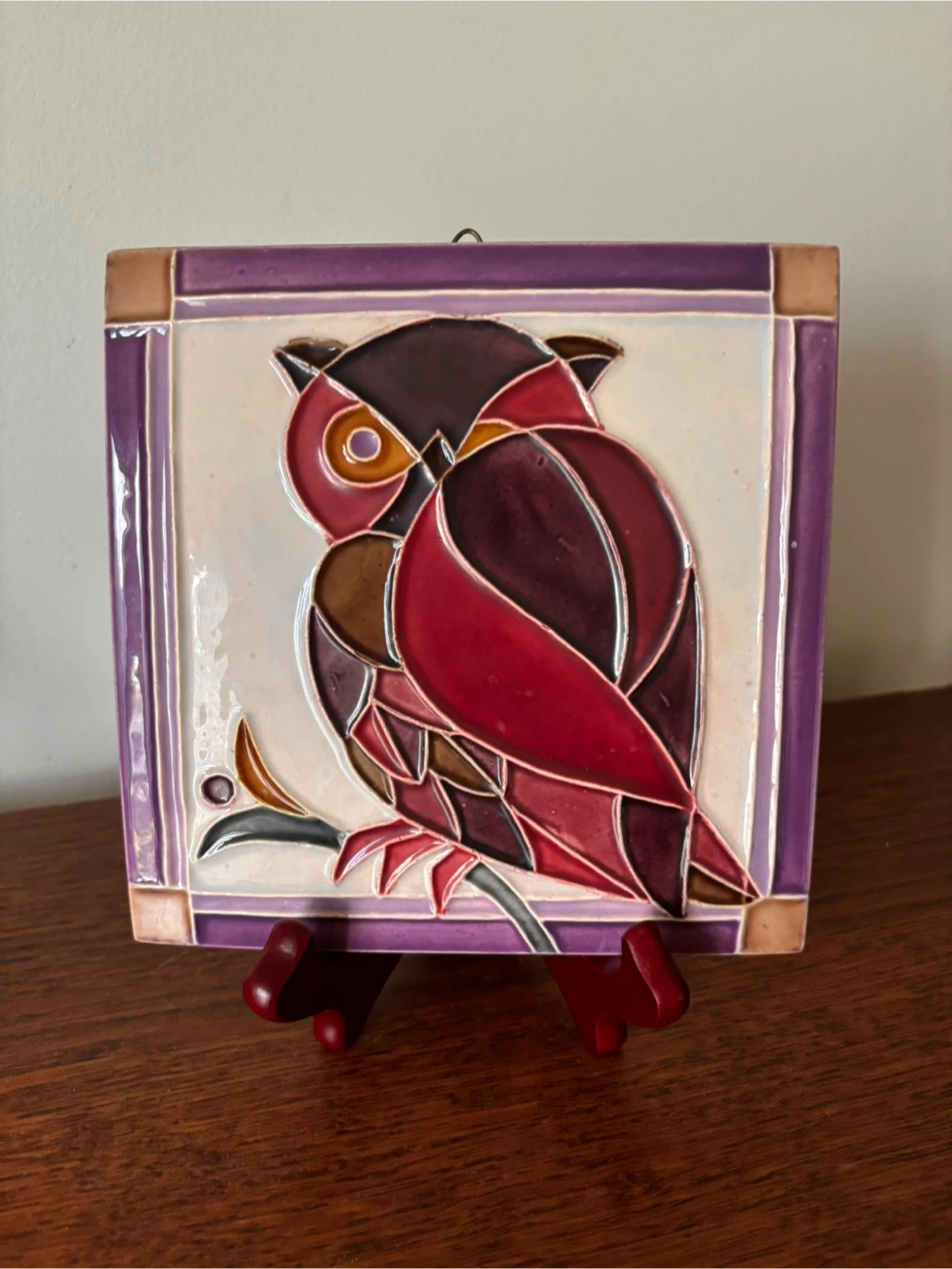 MCM Rare Fine Art Plum Lavender Ceramic Owl Wall Plaque 6x6