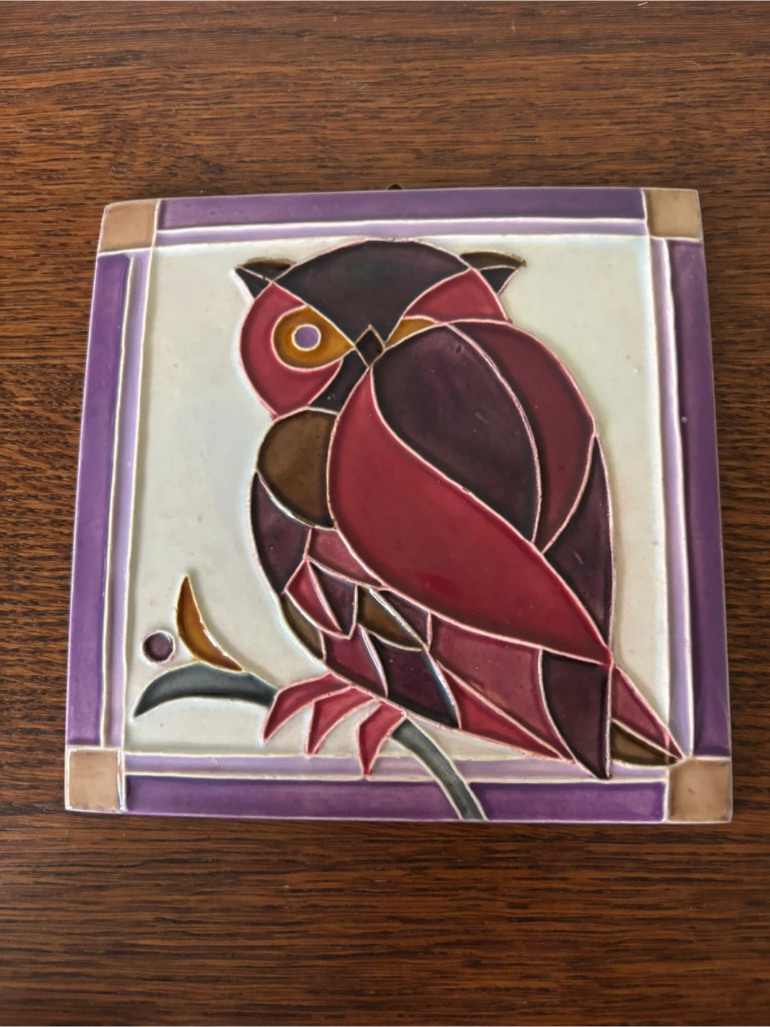 MCM Rare Fine Art Plum Lavender Ceramic Owl Wall Plaque 6x6 - photo 3