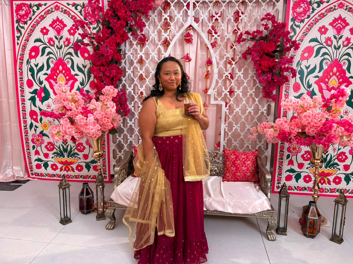 Lehenga Set with Gold Top and Maroon Skirt