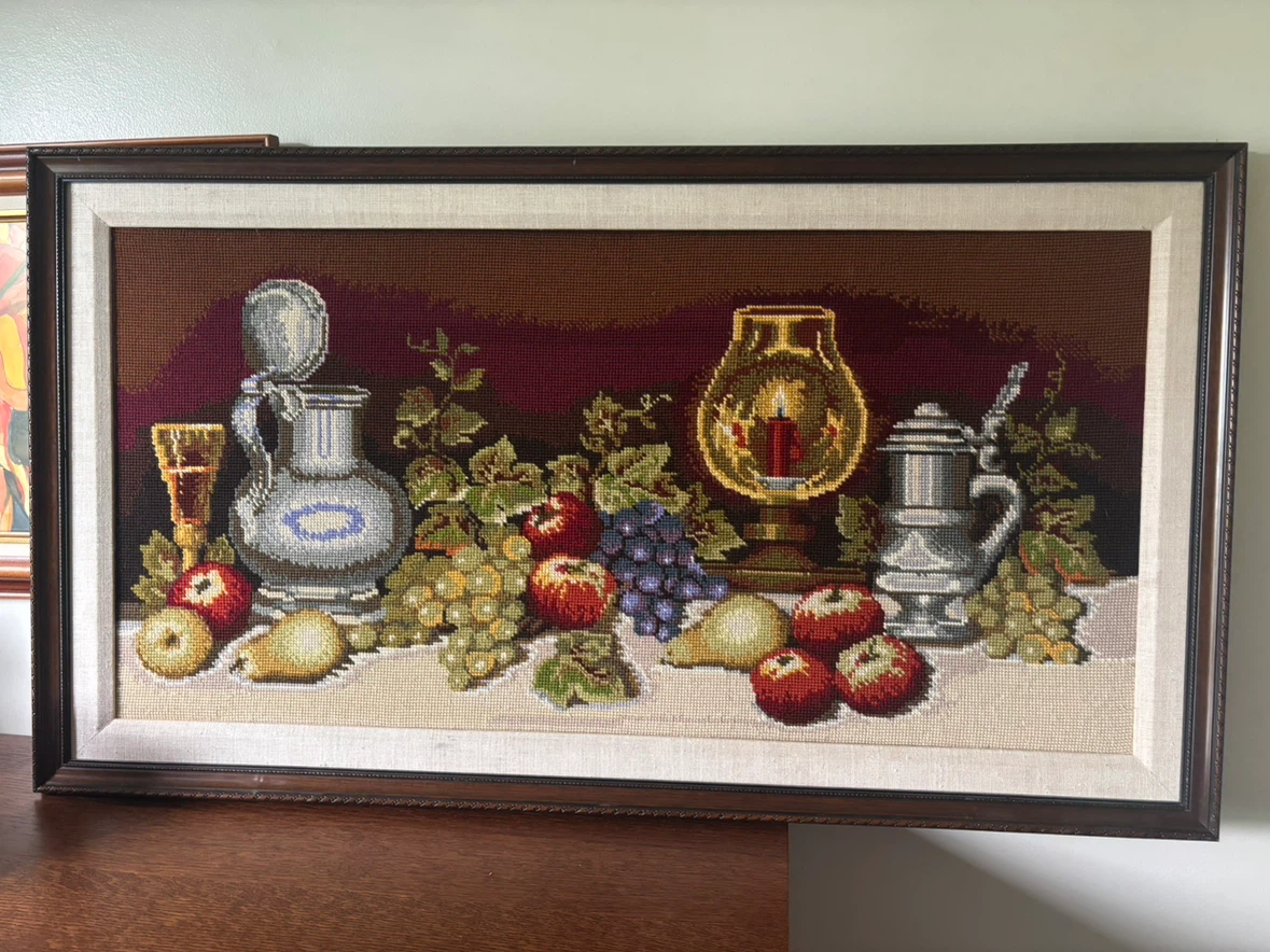 Vintage Framed Still Life Needlepoint Wall Art