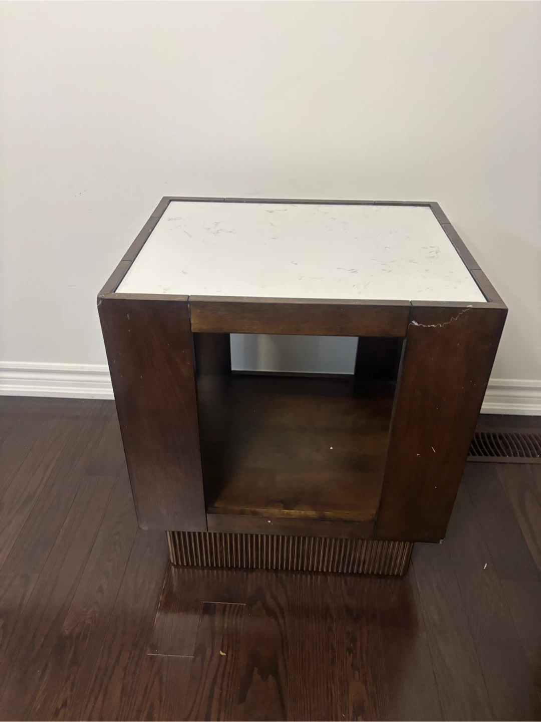 Dark Wood End/ Coffee  Table with White Marble Like top- AS IS