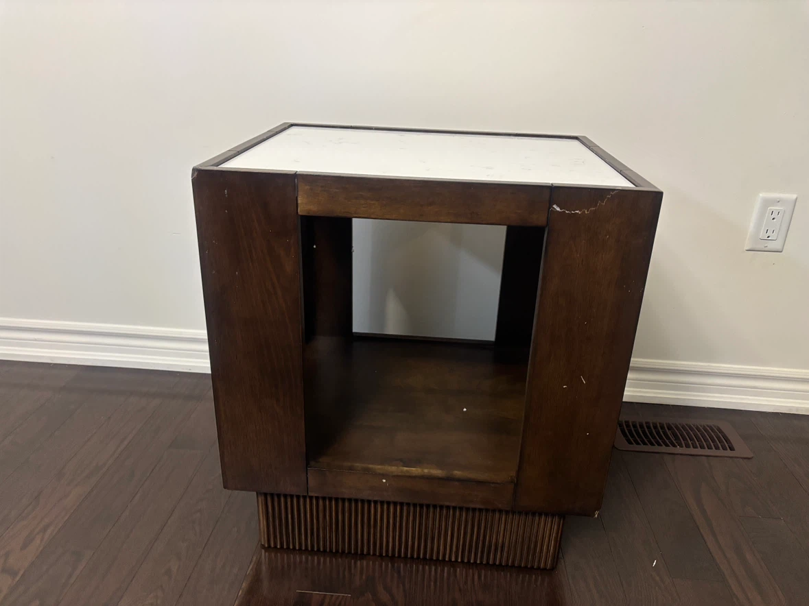 Dark Wood End/ Coffee  Table with White Marble Like top- AS IS - photo 3