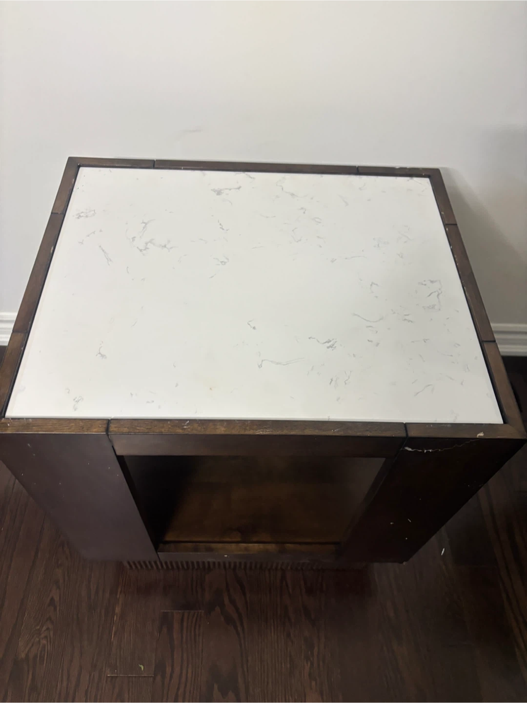 Dark Wood End/ Coffee  Table with White Marble Like top- AS IS - photo 4