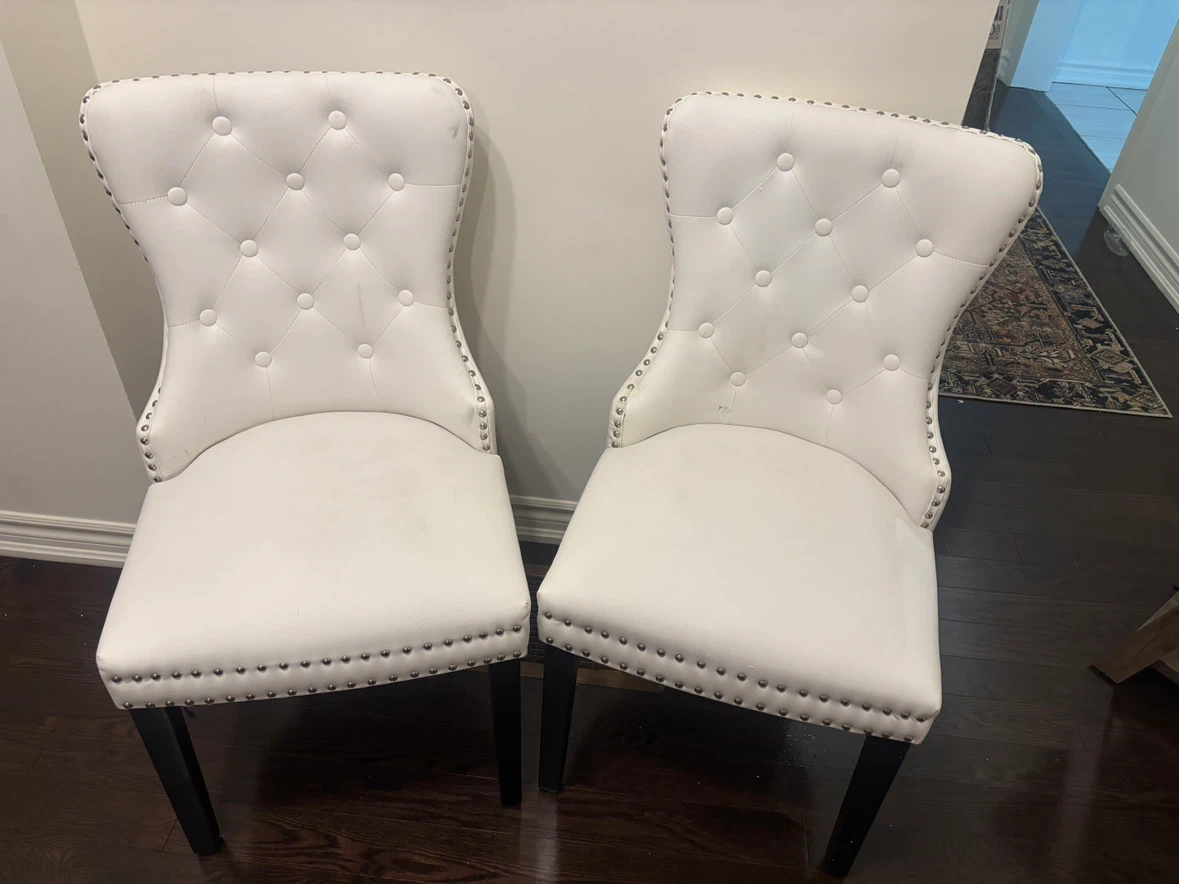 Two White Tufted Dining Chairs