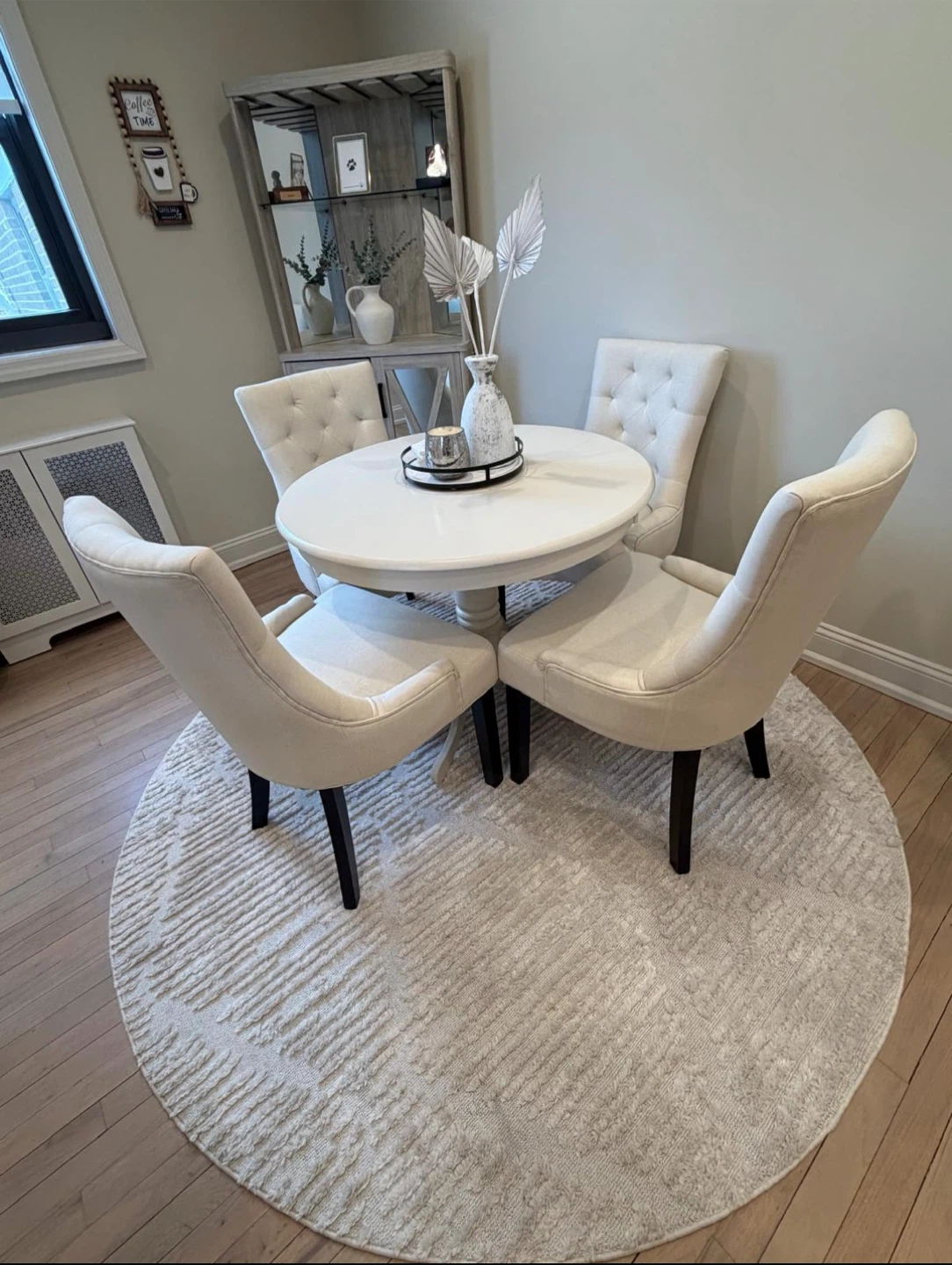White Round Table and 4 Tufted Chairs Set