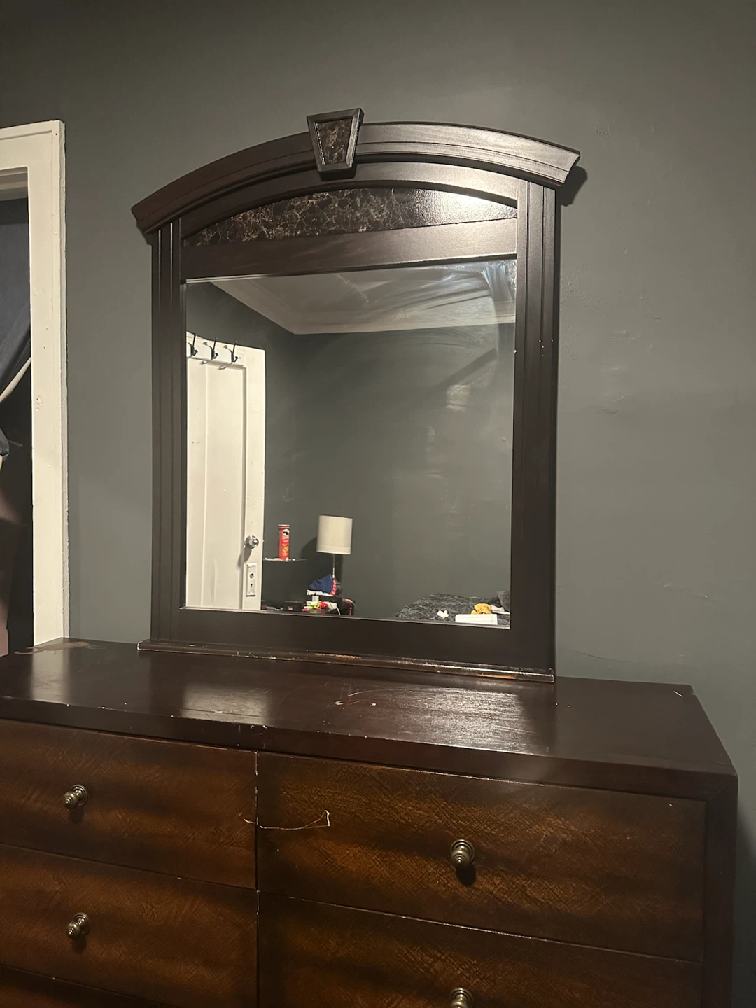 Dark Wood Dresser Mirror with Marble Detail