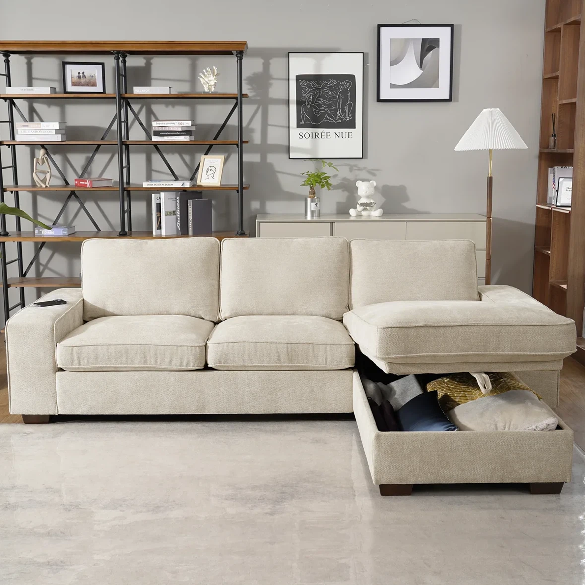 Beige Sectional Sofa with Storage and USB charging