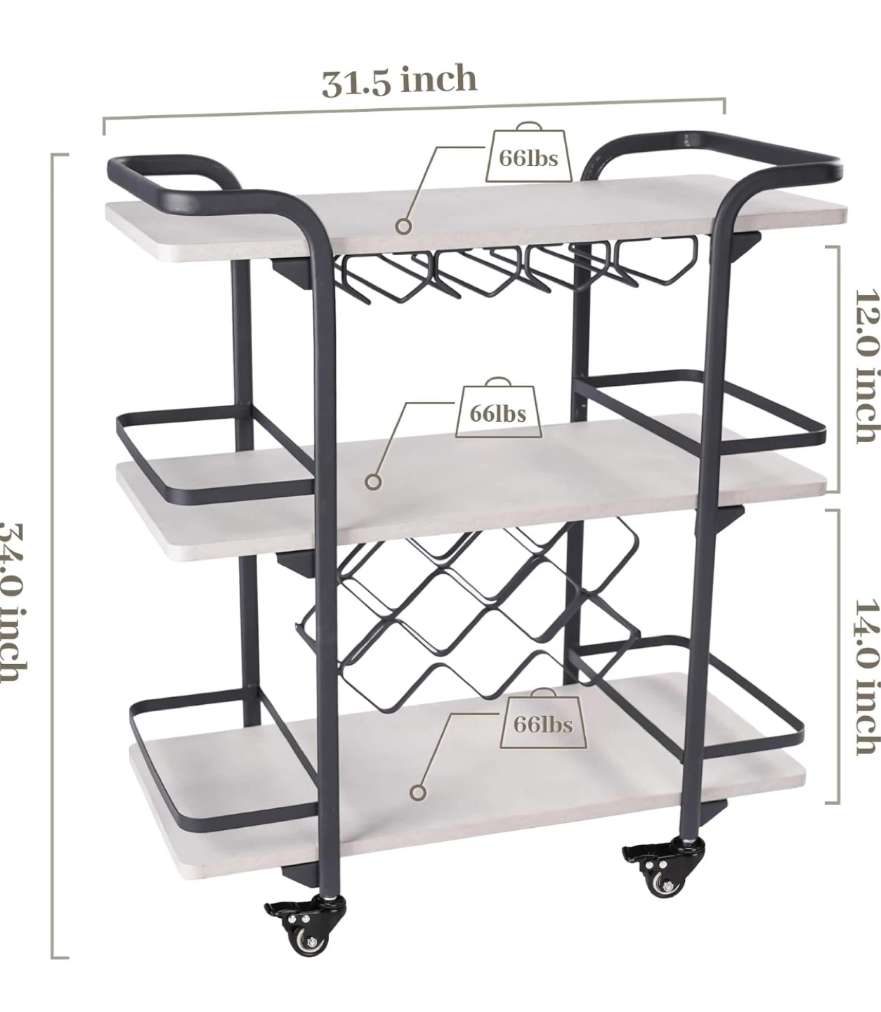 3-Tier Rolling Bar Cart