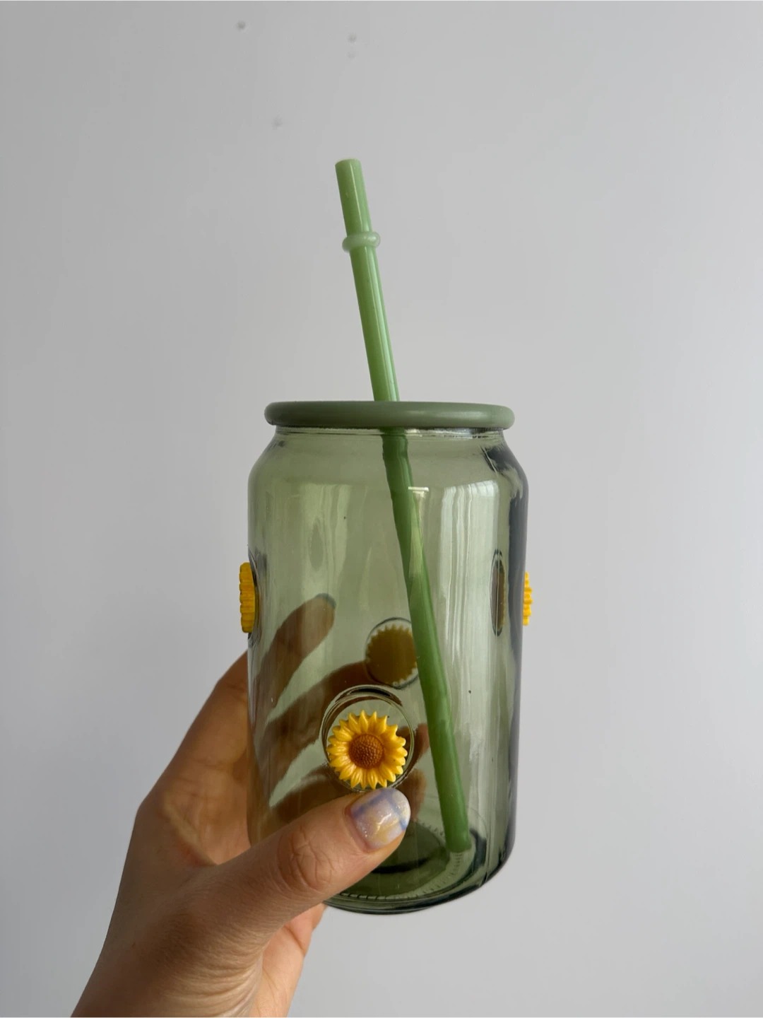 (new) tinted green glass tumbler with straw and lid #freecycle