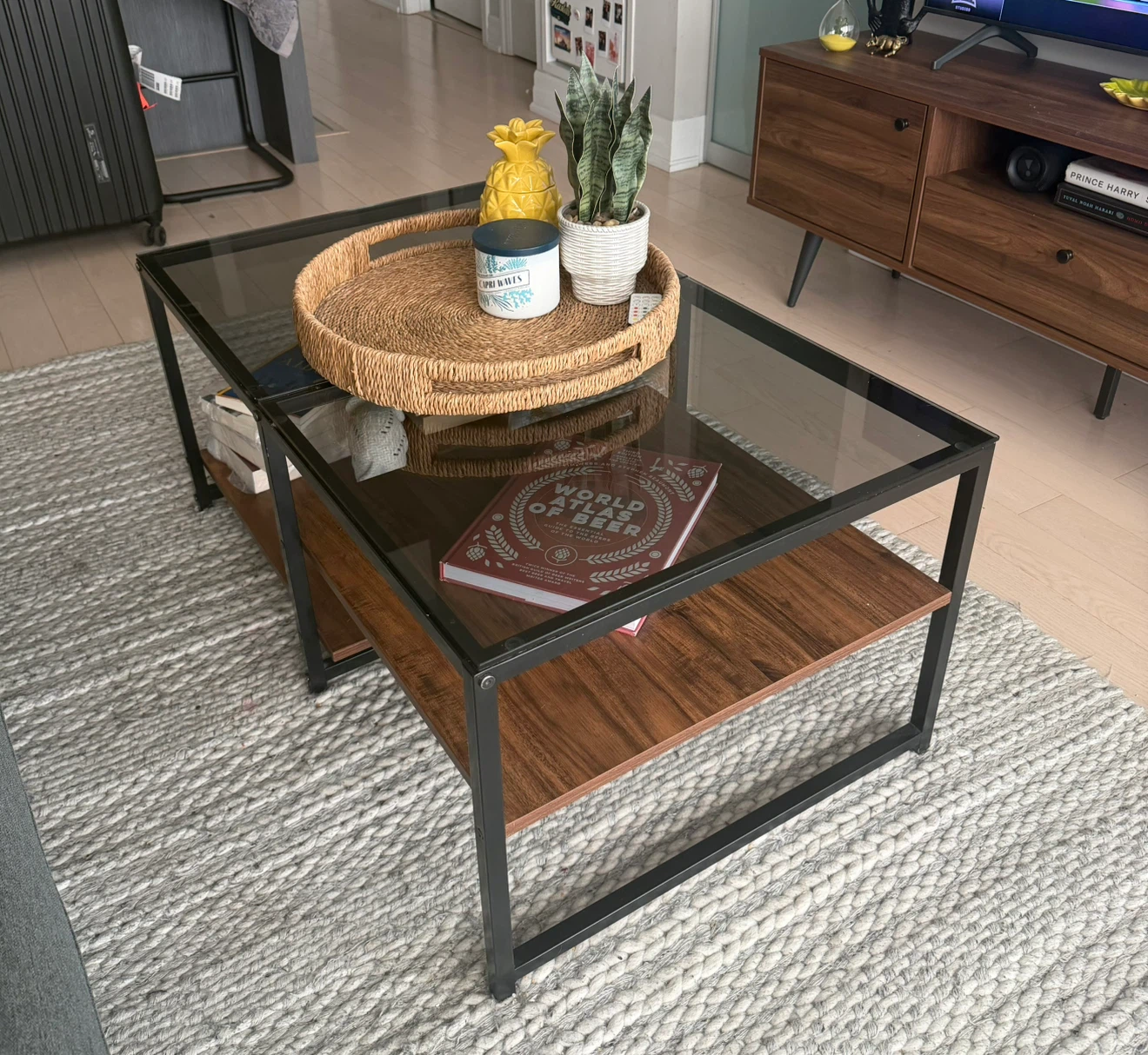 Glass Coffee Table (Walnut Brown) Two-Level Design, Like New