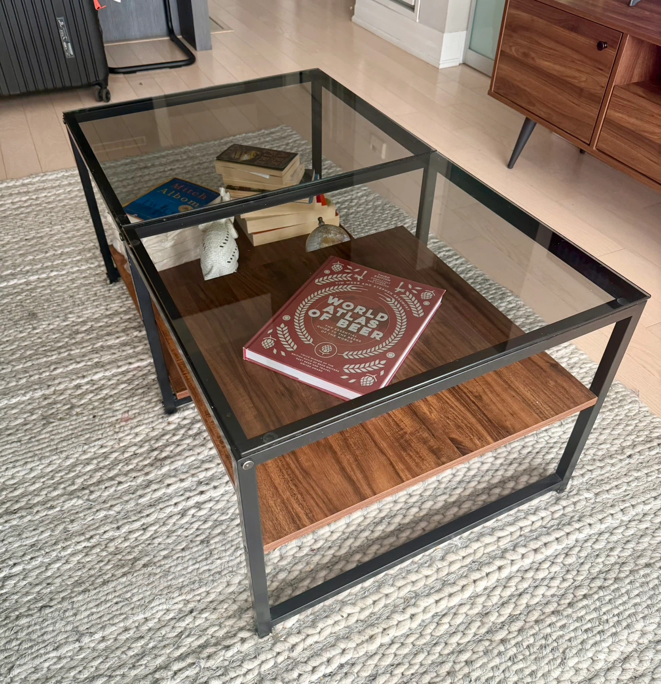 Glass Coffee Table (Walnut Brown) Two-Level Design, Like New - photo 2