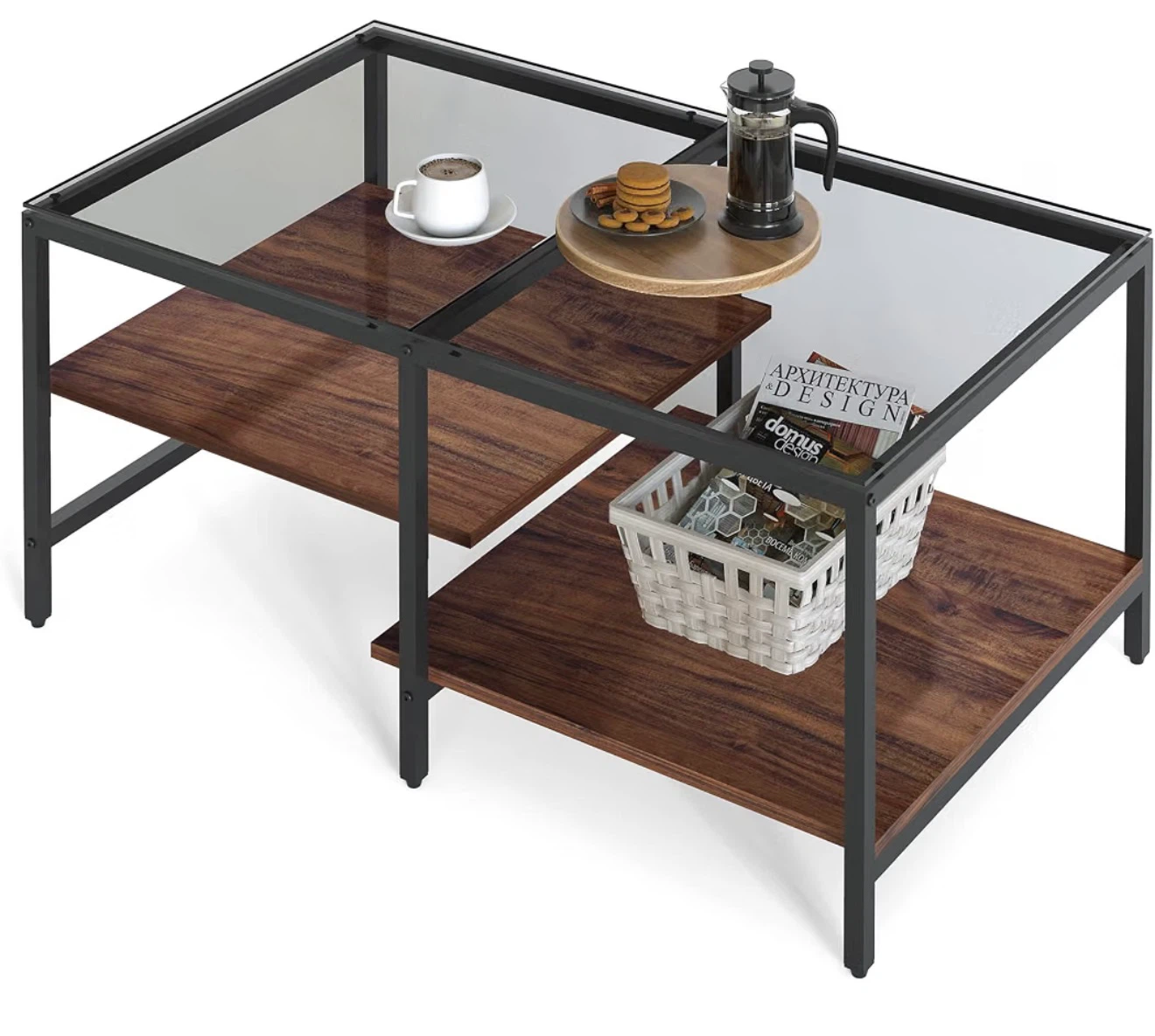 Glass Coffee Table (Walnut Brown) Two-Level Design, Like New - photo 3