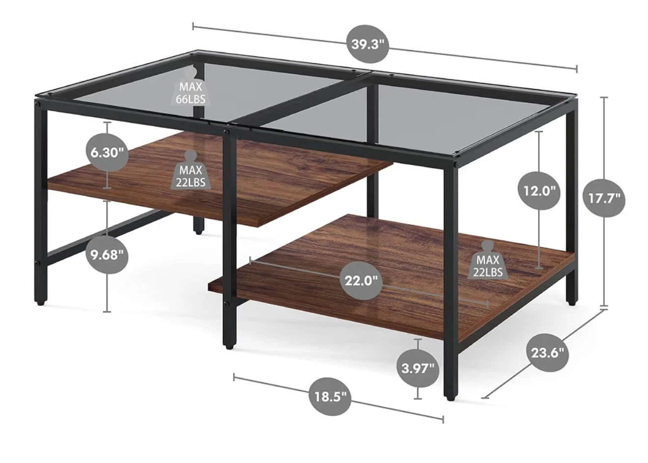 Glass Coffee Table (Walnut Brown) Two-Level Design, Like New - photo 4