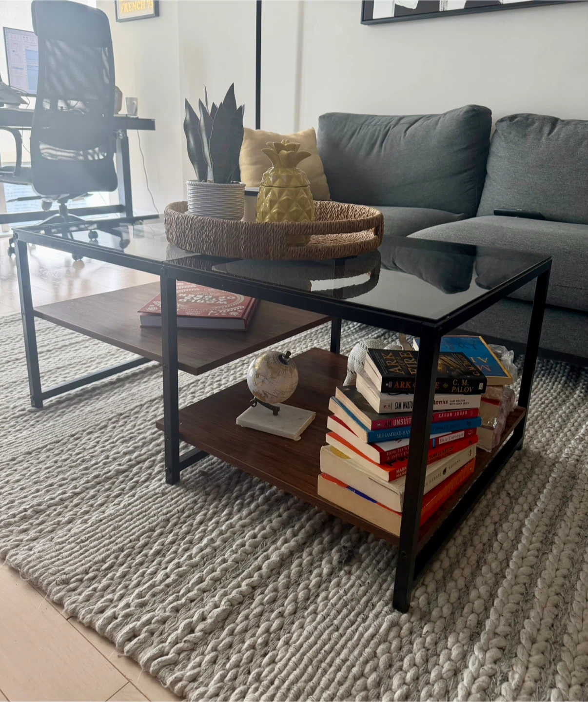 Glass Coffee Table (Walnut Brown) Two-Level Design, Like New - photo 5