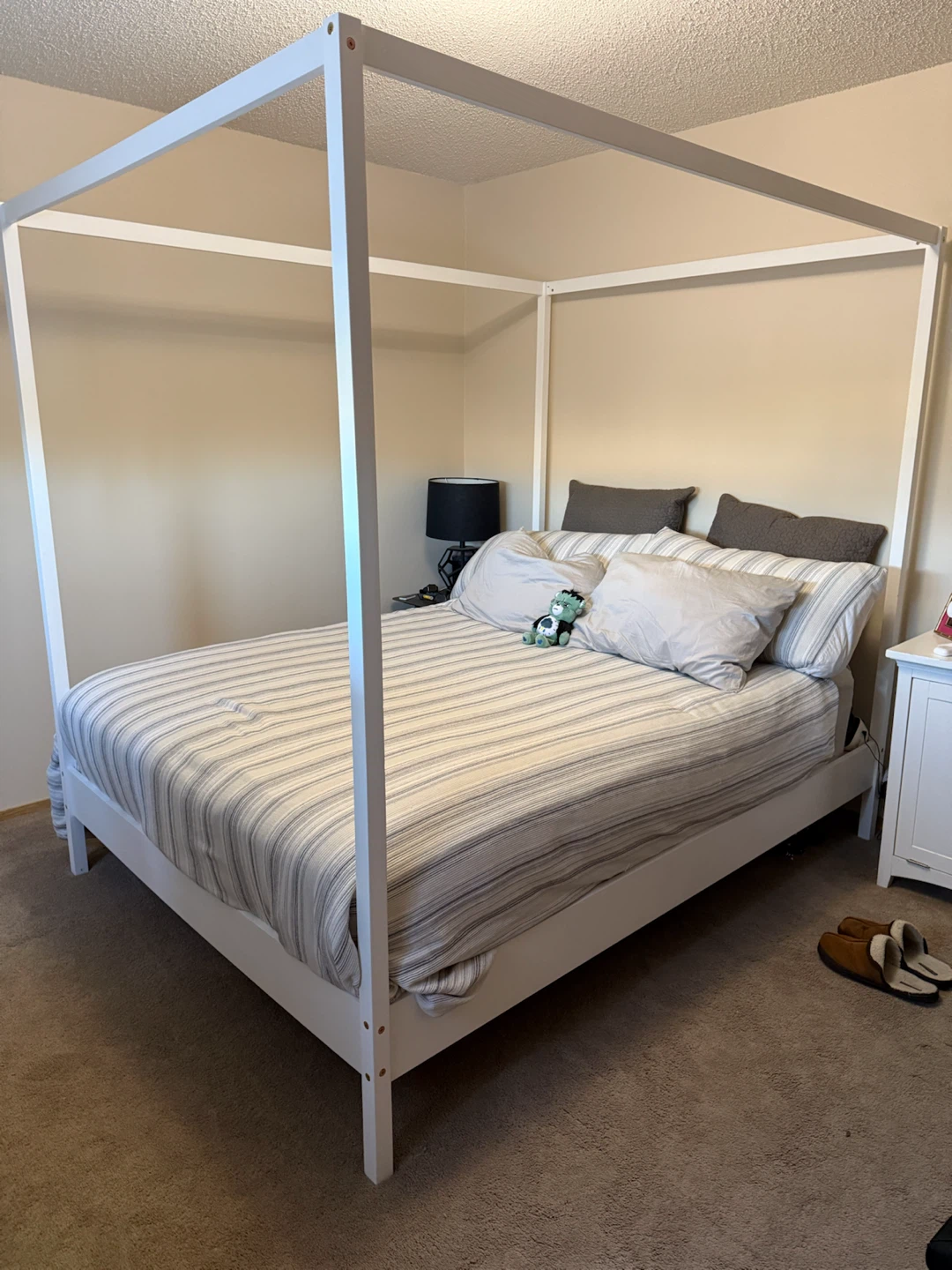 Modern White Wood Canopy Bed Frame – Queen Size (1 Year Old)