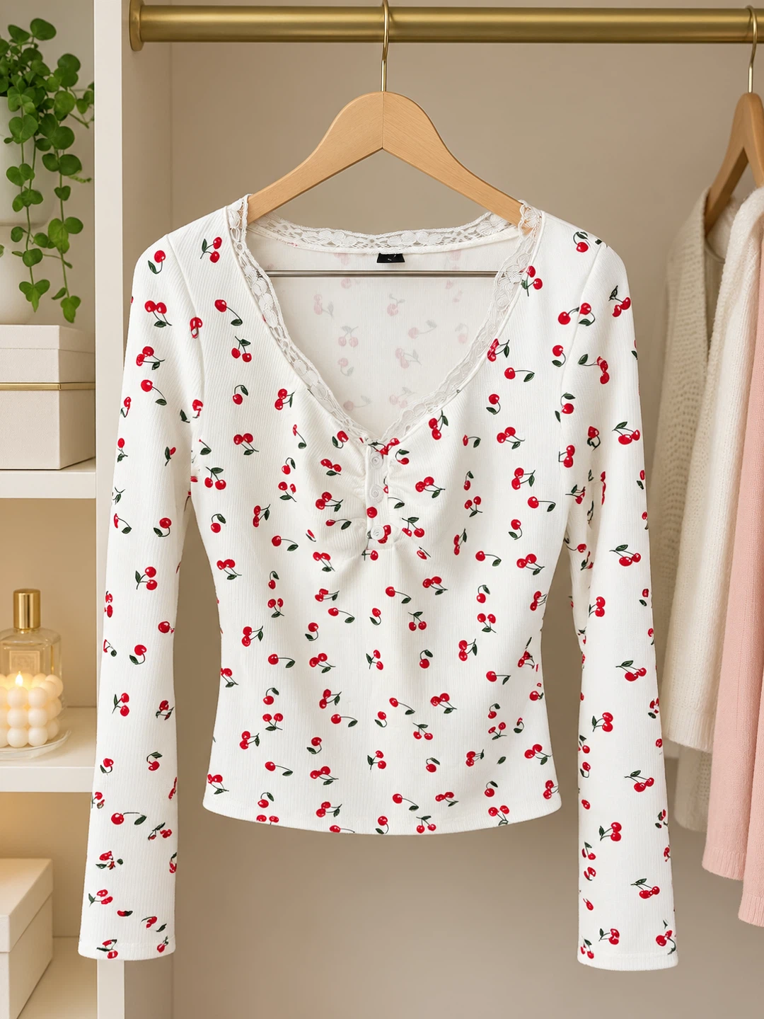 White Cherry Print Long Sleeve Top - photo 2