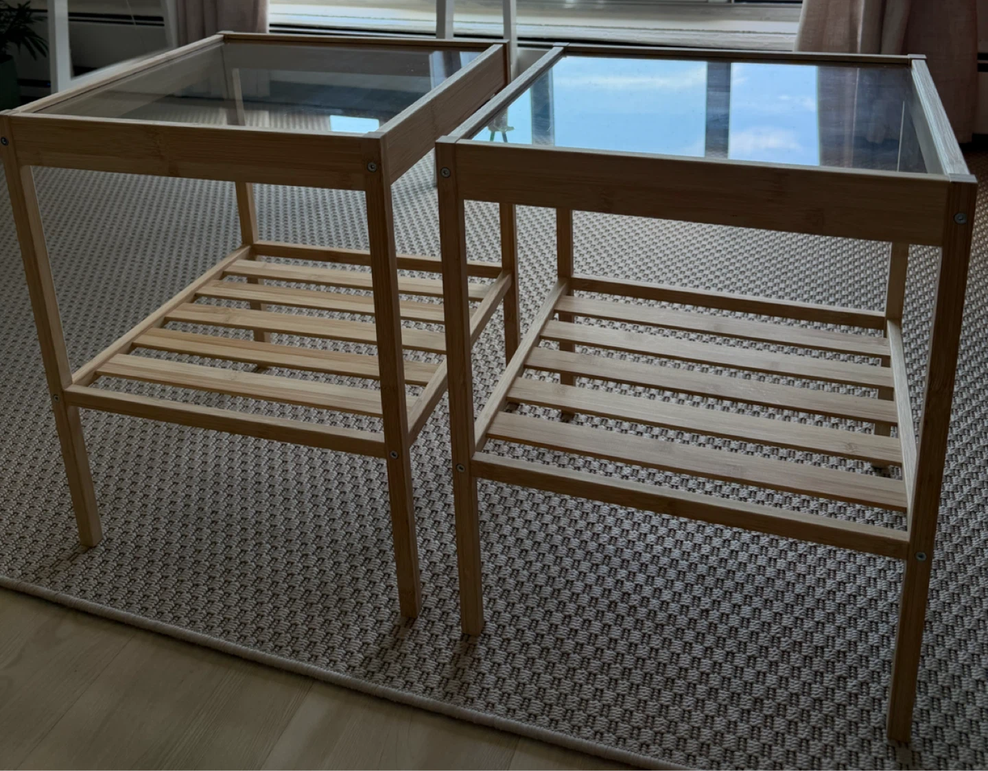 Two Bamboo Side Tables with Glass Tops