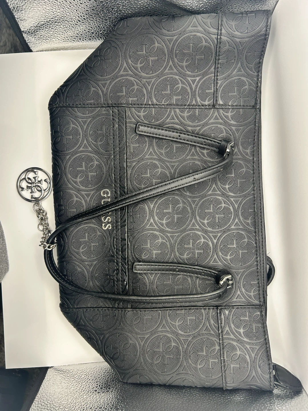 Guess Black Embossed Logo Tote with Charm