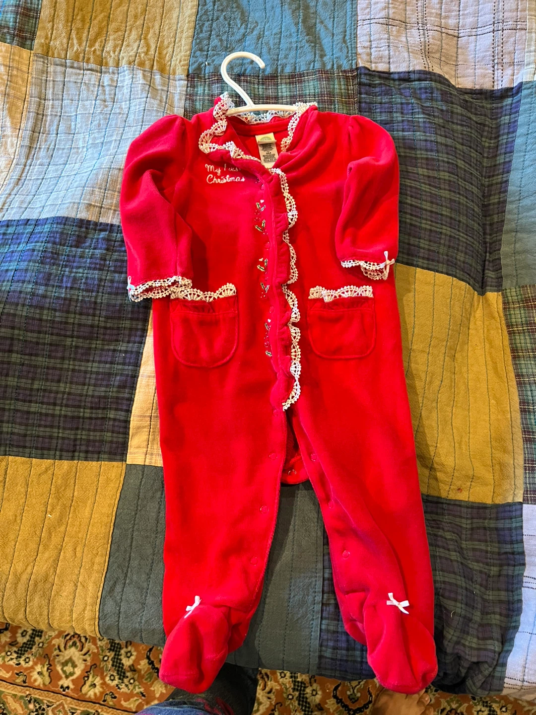 Baby My First Christmas Red Velour Sleepsuit