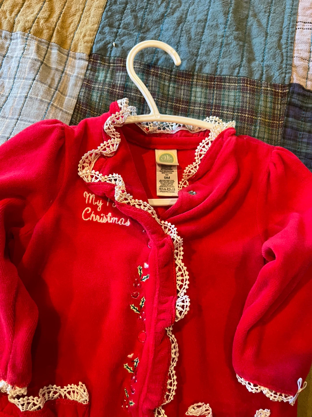 Baby My First Christmas Red Velour Sleepsuit - photo 2