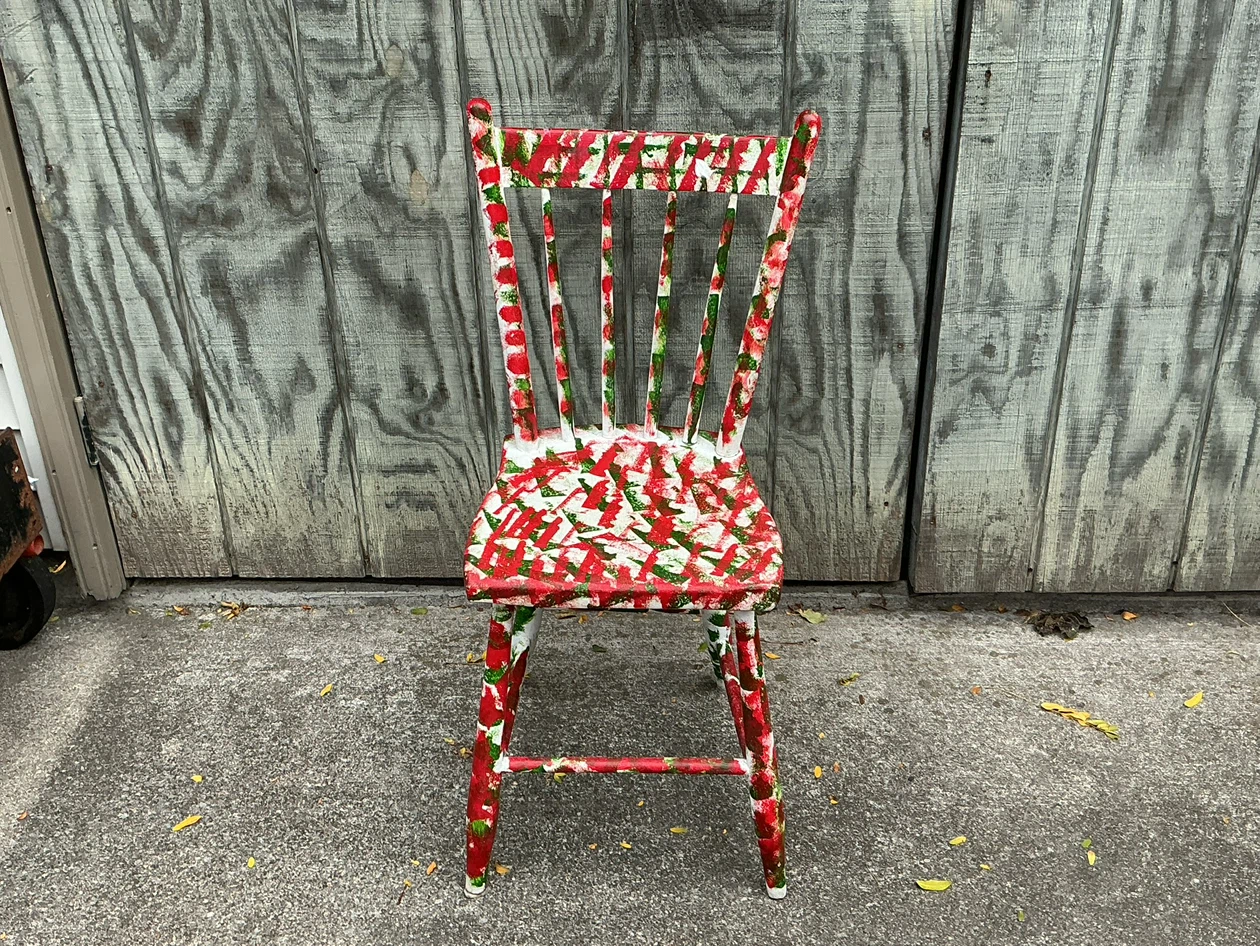 Antique FUNKY Wooden spindle chair red, white and green