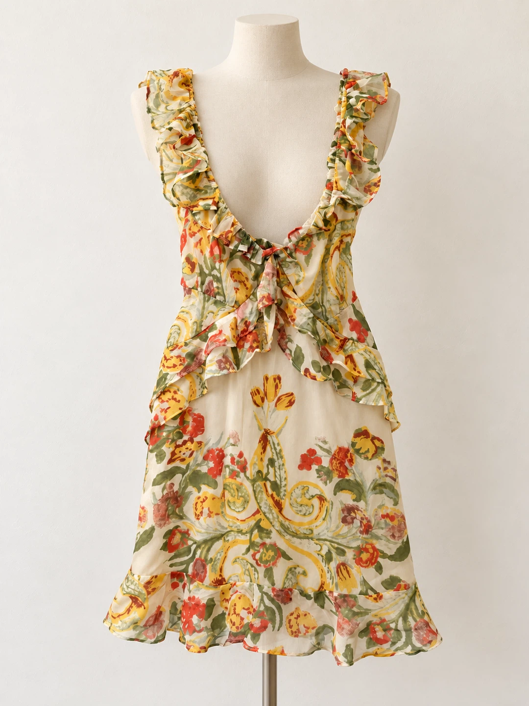 Free People Bali Flora Tea Combo Floral Ruffle Mini Dress Size L