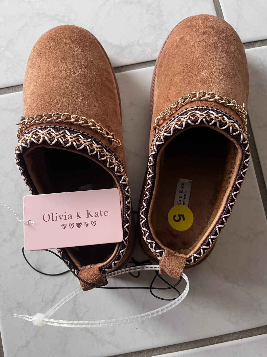 Olivia & Kate Brown Suede Chain Slippers
