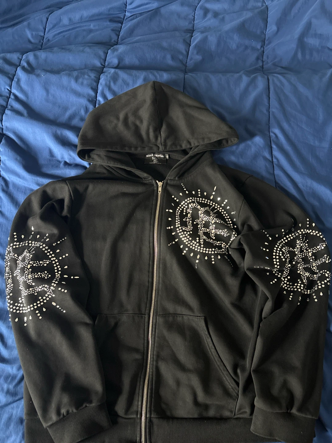 Mixed Motion Rhinestone Zip-Up Hoodie