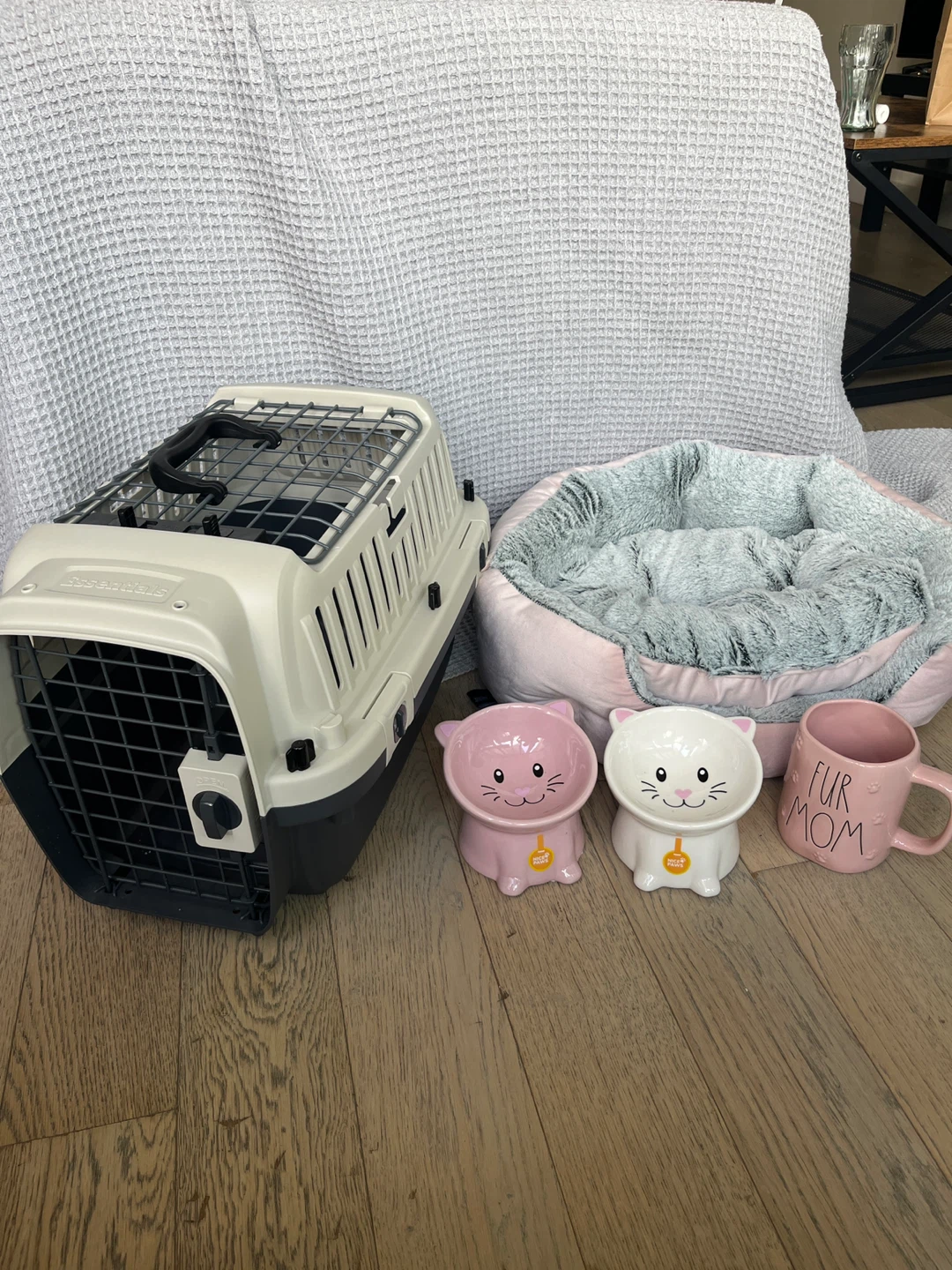Pet Carrier, Bed, Two Ceramic Bowls and Fur Mom Mug
