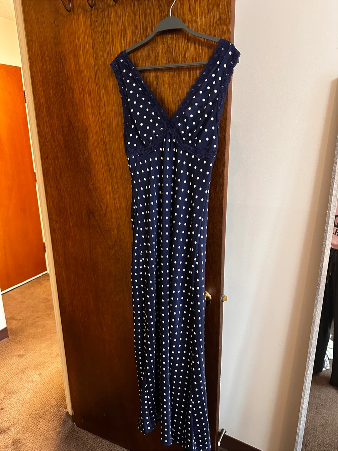 Navy Polka Dot Lace Detail Maxi Dress