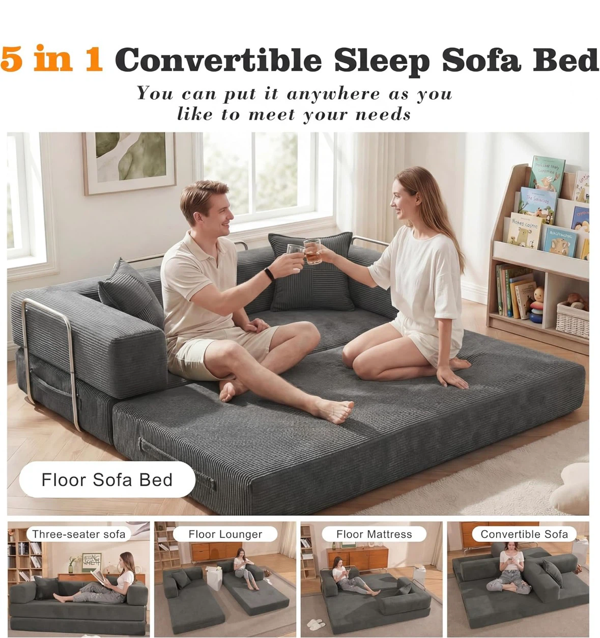 5-in-1 Convertible Corduroy Sofa Bed - photo 3