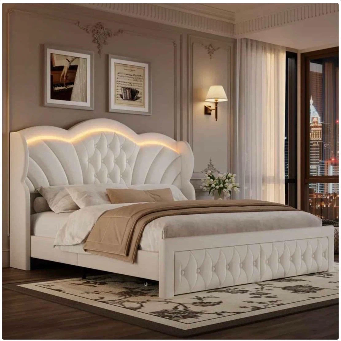 Queen White Upholstered LED Bed Frame