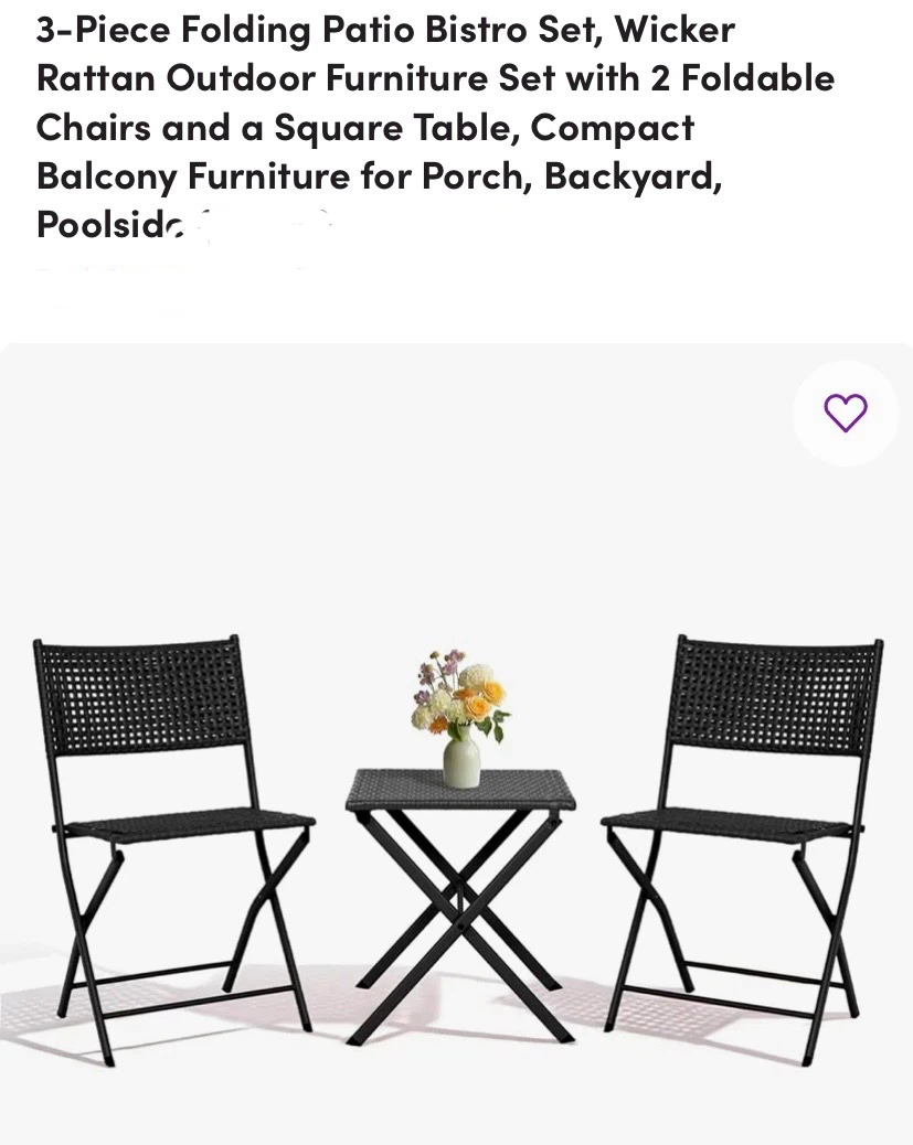 New 3-Piece Folding Patio Bistro Set PE Rattan Wicker Black