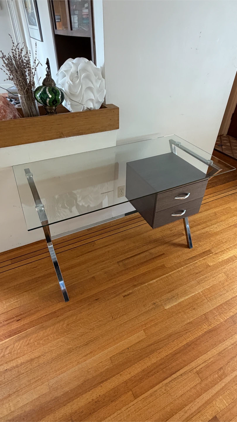 Computer desk with glass surface, and chrome base
