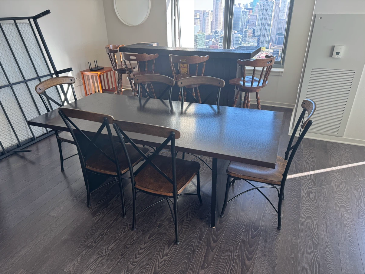 Dining table and 6 cross-back chairs