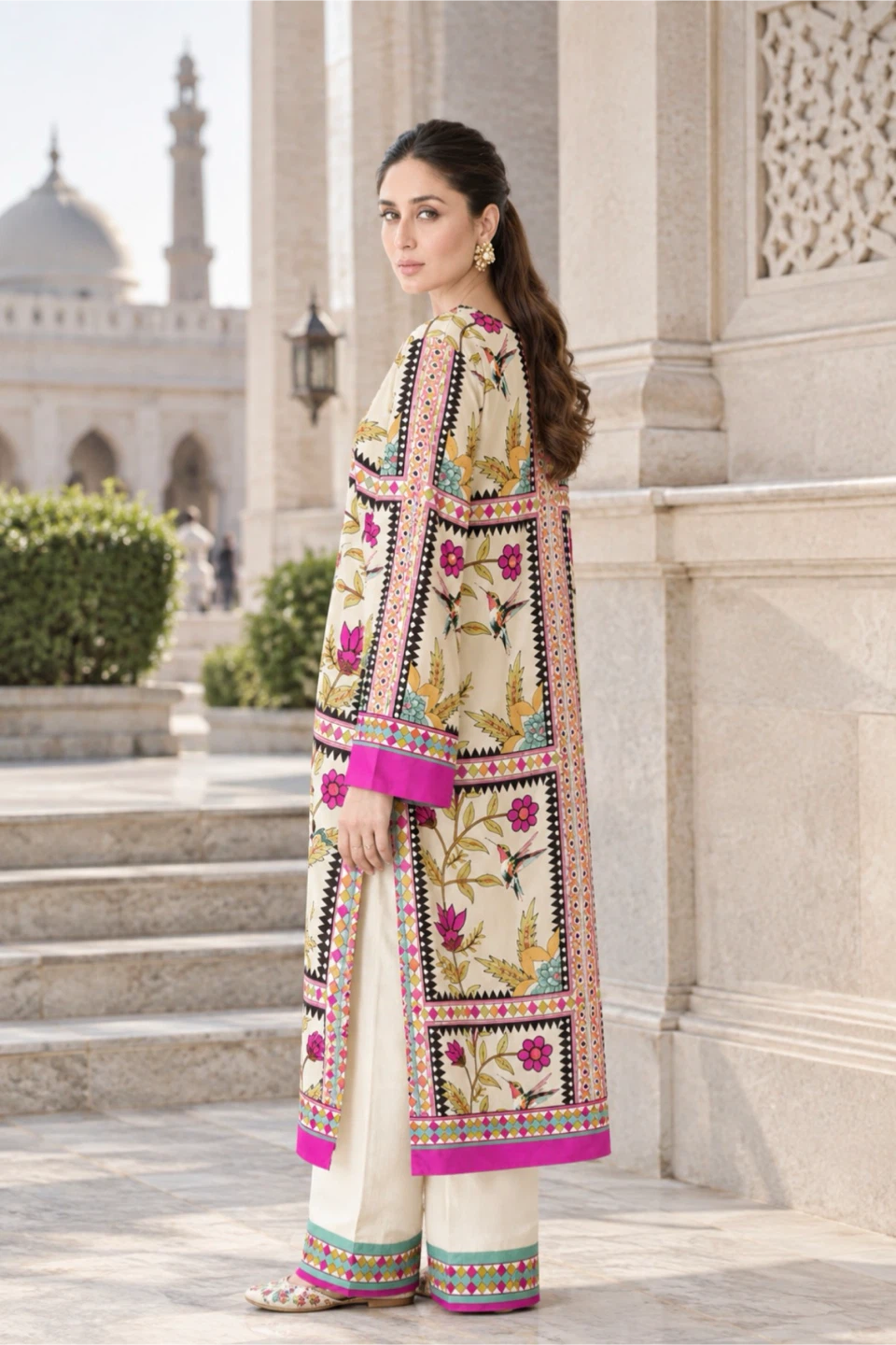 2 Pc Hummingbird Print Kurta with Pants - photo 2