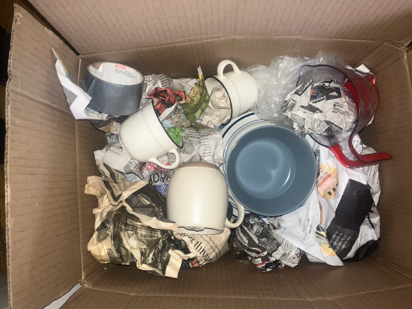 Box of mixed cutlery, dishes and plates
