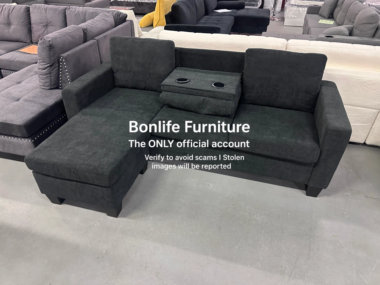 Modern sectional sofa with drop down cup holder